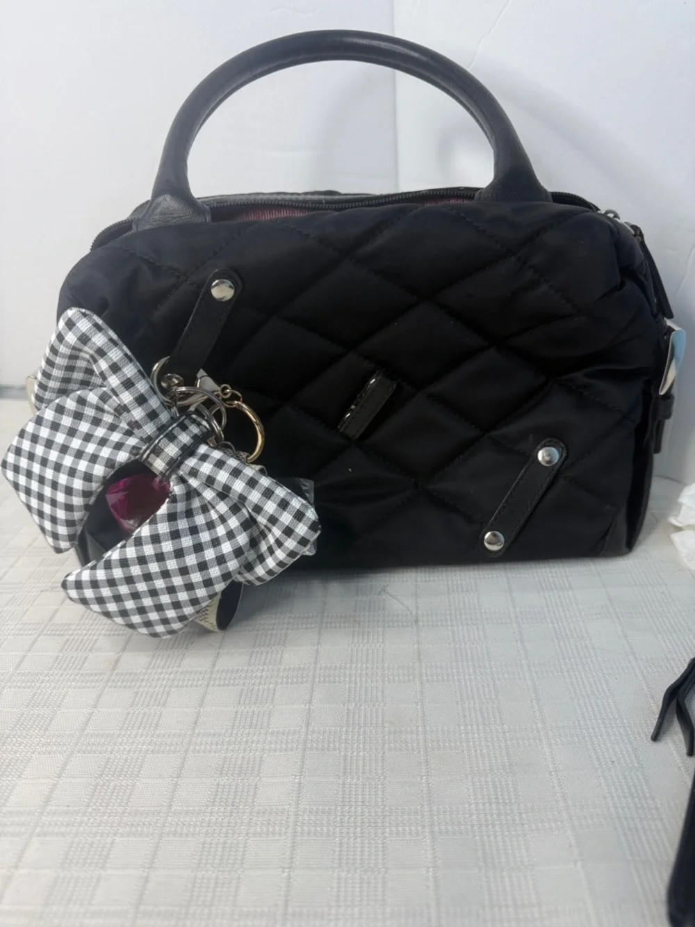 My flat in London Quilted Handbag with Black & White Gingham Bow Accent